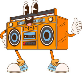 Poster - Cartoon retro groovy tape recorder character featuring classic design with buttons, dials, and speakers. Isolated vector vintage boombox personage in sneakers and gloves, smiles and flashing thumbs-up