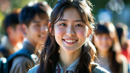 Poster - A young woman with a bright smile stands in a lively park, engaging with friends around her. The sunny afternoon showcases a joyful atmosphere filled with laughter and camaraderie.