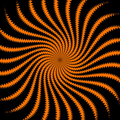 Poster - Psychedelic hypnotic Halloween spiral pattern. Vector background with black and orange continuous flow of lines draws the eye towards the center, creating captivating visual optical illusion effect