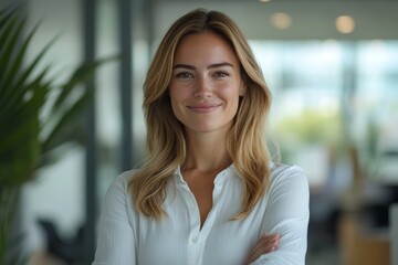 Happy, business leader and woman with a smile in success with crossed arms in a light office. Portrait of a professional and confident white female employee in leadership and management, Generative AI