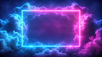 Wall Mural - Panoramic pink and blue neon light square frame with illuminated stormy clouds and glowing geometric shapes