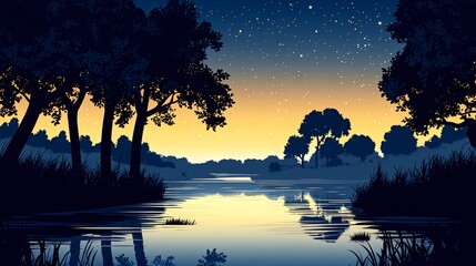 Wall Mural - A serene silhouette of a river meandering through a forest at twilight, the sky awash with a star-studded sunset.