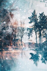 Wall Mural - Christmas props merged with a serene snowfall scene in double exposure for tranquility.