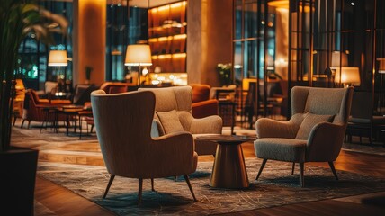 Stylish lounge area with modern chairs and warm lighting, creating a cozy and inviting atmosphere for relaxation and socializing.