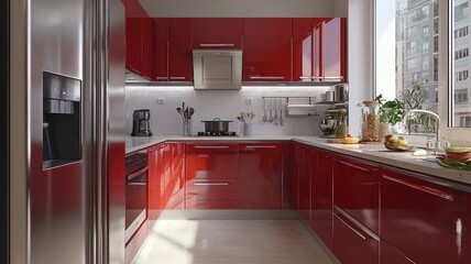 Stylish red kitchen interior with modern appliances, bright windows, and organized culinary tools for a contemporary home.