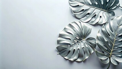 Wall Mural - panoramic silver monstera leaves on light background