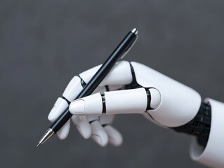 Close-up of a robotic hand holding a pen, showcasing advanced technology and artificial intelligence in precision tasks.