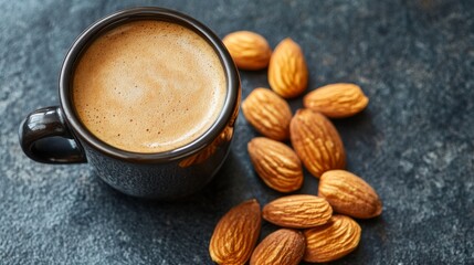 A steaming cup of coffee beside a handful of almonds on a rustic surface, creating a cozy and inviting atmosphere.