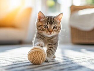 Wall Mural - Adorable tabby kitten playing with a ball of yarn on a carpet.