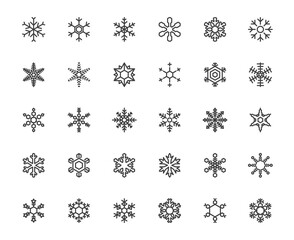 Simple vector multiple snowflake outline icon set on white background, Christmas ornament and winter frozen concept, 48x48 pixel perfect editable stroke on white background