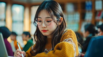 Poster - A focused student with round glasses in a warm sweater diligently studies in a lively library. Sunlight filters through windows, creating a bright atmosphere.