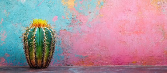 Poster - A single green cactus with yellow flower on top stands in front of a textured blue and pink wall.