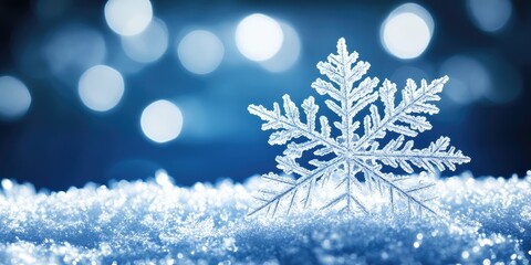 A delicate snowflake rests serenely on a glistening blanket of fresh snow under the winter sky, capturing the enchanting beauty of the season's chill