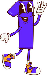 Poster - Math number one groovy character. Cartoon cute funny digit wearing retro sneakers. Isolated vector playful 1 numeral math personage exudes positivity, waving it hand with quirky and endearing vibes