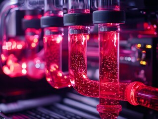 Close-up of a custom liquid cooling system with red fluid circulating through clear tubes.