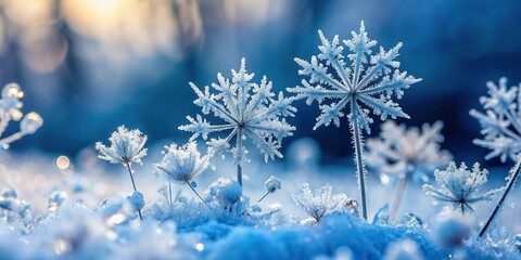 Panoramic view of snowflakes and ice crystals on frozen flowers and plants in winter nature abstract