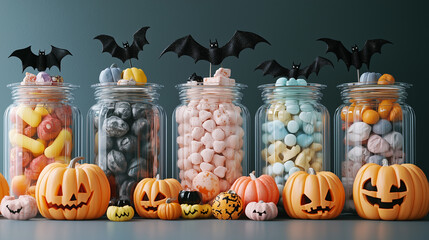 Halloweenthemed candy jars filled with pastelcolored treats, adorned with decorative bats and pumpkins for a festive yet elegant look