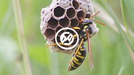Poster - Macro image of a wasp building its nest, intricate patterns of the hive visible -