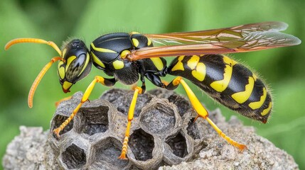 Poster - Macro image of a wasp building its nest, intricate patterns of the hive visible -