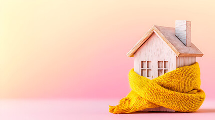 wooden figurine of a house wrapped in a yellow scarf on a gradient pink and yellow background with s