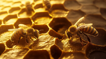Poster - Close-up of bees working on a honeycomb.
