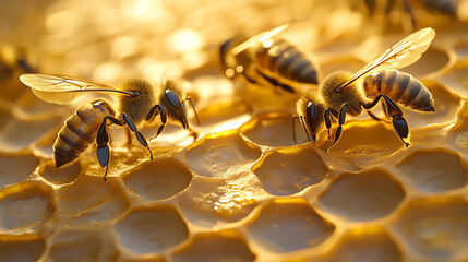 Poster - Two bees working on honeycomb with golden light.