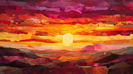Leinwandbilder - Abstract sunset landscape created with paper collage technique.