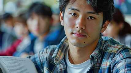 Poster - A young man, with tousled hair and a contemplative expression, gazes thoughtfully while sitting among classmates in a busy classroom filled with morning sunlight.