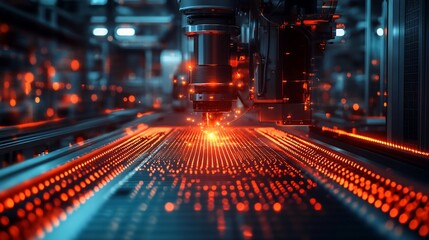 Close-up of a robotic arm welding a metal surface in a factory.