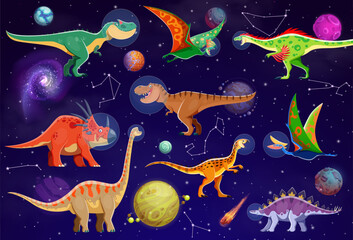 Poster - Funny dinosaur astronauts in space, cartoon prehistoric lizards with galaxy planets, vector characters. T-rex spaceman in astronaut bubble helmet with raptor and dino lizards in galaxy sky with stars