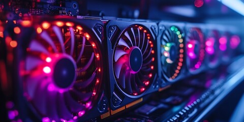 Close-up of multiple graphics cards with glowing RGB fans.