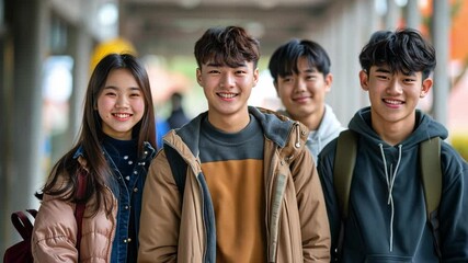 Poster - Four cheerful teenagers stand together, smiling warmly as they enjoy a sunny day outside their school in spring, showcasing friendship and youthful energy.
