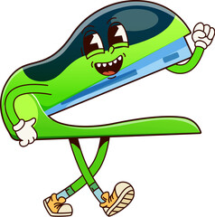 Poster - Groovy school stapler character with cheerful and lively face, posing energetically, showcasing creativity and education. Cartoon vector fun stationery item ready for educational and office tasks