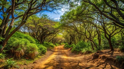 Path in a dry green forest in Dakar, Cape Verde