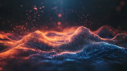 Aufkleber - Abstract 3D rendering of a digital landscape with glowing particles in red and blue hues.