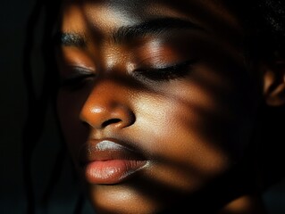 Wall Mural - Close-up portrait of a young woman with closed eyes, illuminated by sunlight creating abstract patterns on her face.