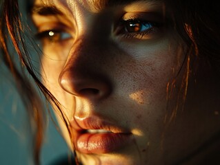 Canvas Print - Close-up portrait of a young woman with freckles and sun-kissed skin, looking away from the camera, with warm light illuminating her face.