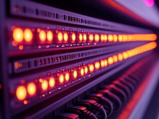 Wall Mural - Close-up view of server rack with glowing red lights.