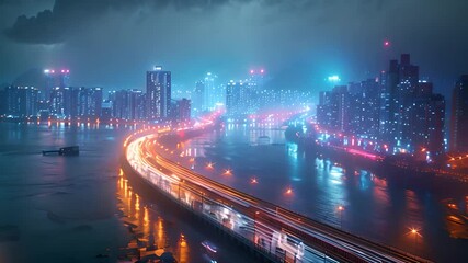 Aufkleber - Elevated road winds through a neon-lit metropolis at dusk with river traffic.