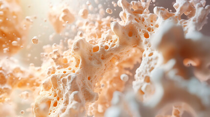 Leinwandbilder - Abstract background of swirling, orange and white liquid with bubbles and droplets.