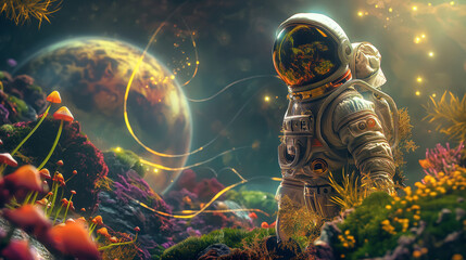 Wall Mural - A futuristic astronaut with a space helmet in an alien landscape, with colorful mushrooms and green plants. 