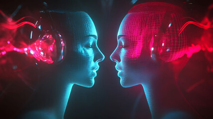 Wall Mural - Two digital female faces in blue and red colors facing each other in dark space.