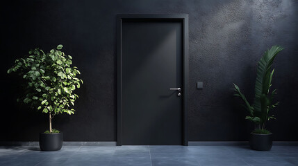 A black door with a silver handle and a light switch on a black wall with two potted plants in the foreground.