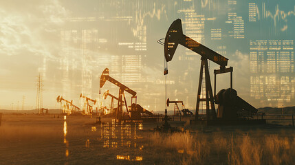 Poster - Oil pumps in a field with a digital overlay of financial data.