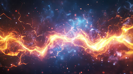 Abstract background of fiery orange and blue electric energy waves with sparks on dark blue background.