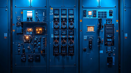 Poster - A close-up of a blue control panel with multiple gauges, switches, and lights.