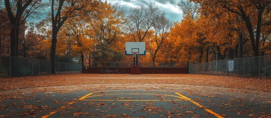 Poster - A basketball hoop stands alone on an empty court surrounded by fall foliage.