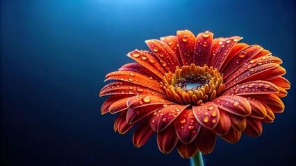 Photograph of orange and red flower with water droplets against dark blue background with selective focus