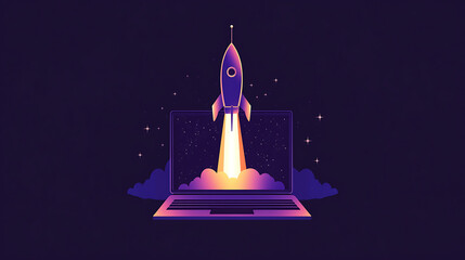 Aufkleber - A glowing rocket taking off from a laptop computer screen with a galaxy background, representing the idea of a successful business launch or innovation.