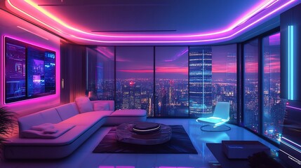 Wall Mural - Futuristic living room with city view and neon lighting.